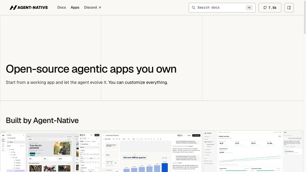 Official Agent-Native app catalog showing the Built by Agent-Native section and app preview images