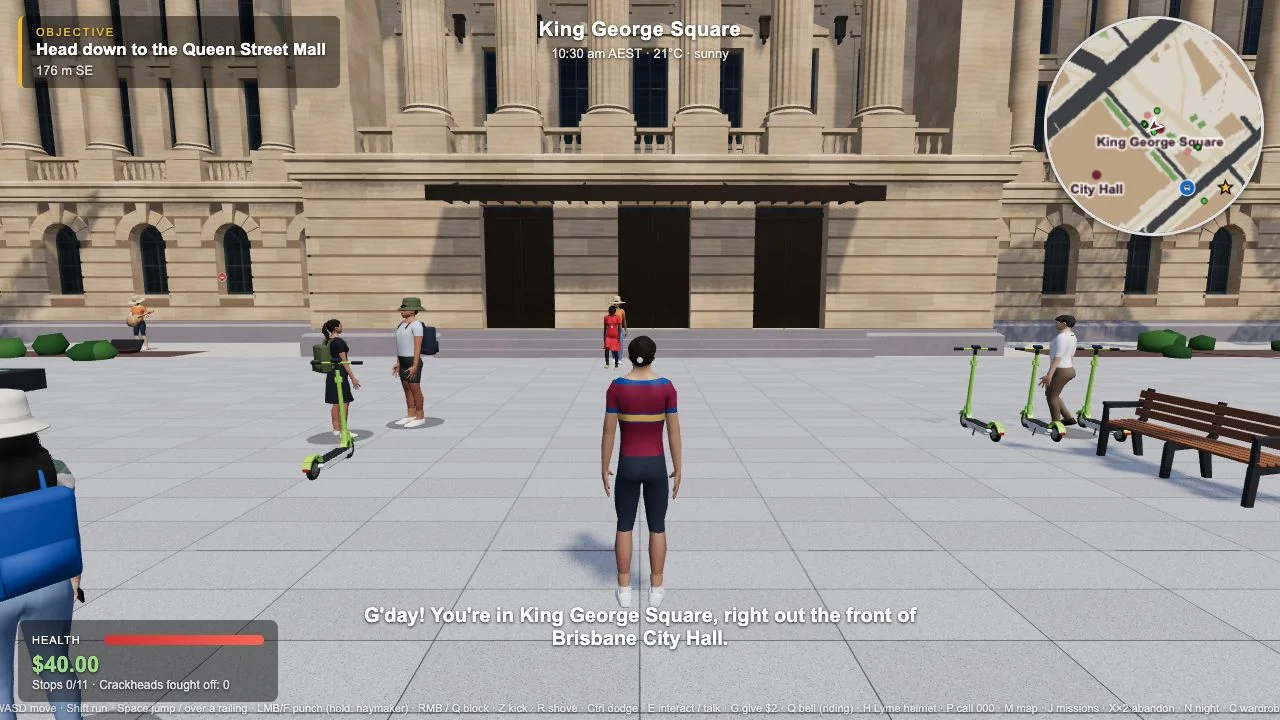 Brisbane Streets gameplay in King George Square outside City Hall with the opening objective and minimap