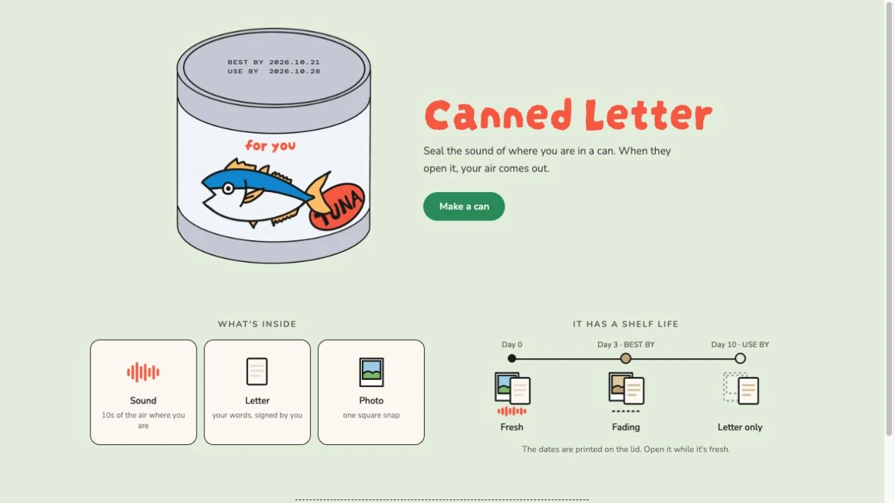 Canned Letter homepage with an illustrated can, sound, letter and photo features, and its freshness timeline