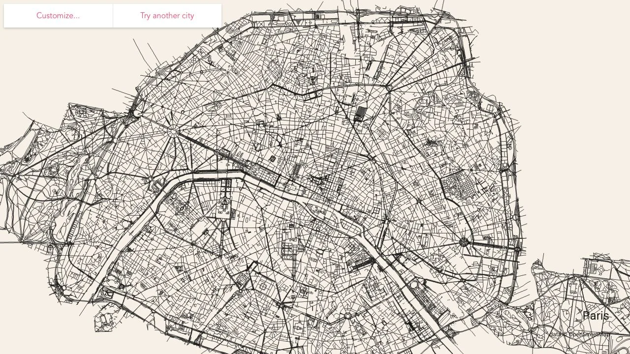 Actual City Roads visualization of the selected Paris administrative area with its label and OpenStreetMap attribution