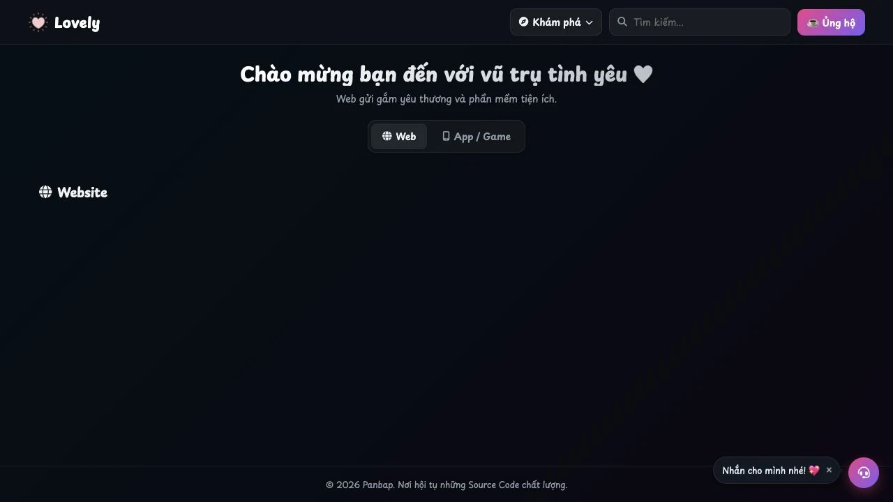 LoveLy landing page with Vietnamese navigation and an unpopulated Website section
