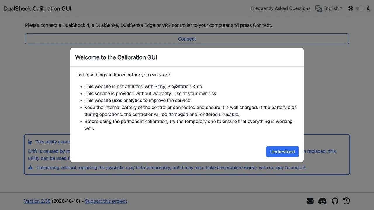 DualShock Calibration GUI welcome notice explaining battery requirements and temporary calibration before permanent saving