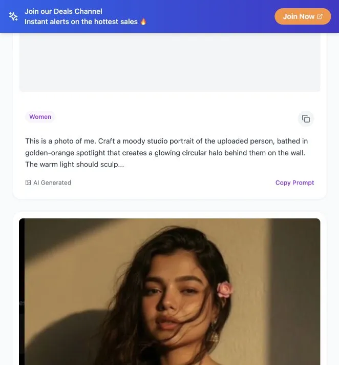 PromptVault showing a Women prompt excerpt, Copy Prompt control and part of a loaded portrait reference