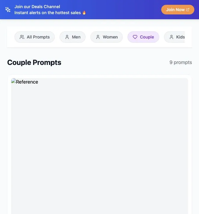 PromptVault Couple Prompts category with navigation and its first reference card