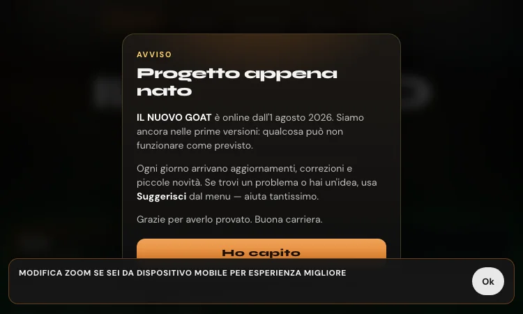 Il Nuovo Goat reference screenshot showing the Italian Progetto appena nato launch notice, Ho capito button and mobile zoom notice
