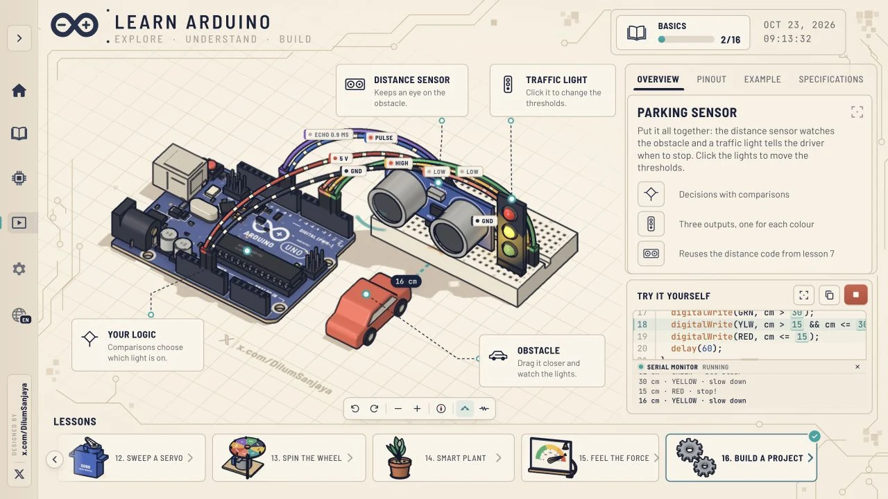 Parking sensor project with an Arduino Uno, distance sensor, traffic light and toy car