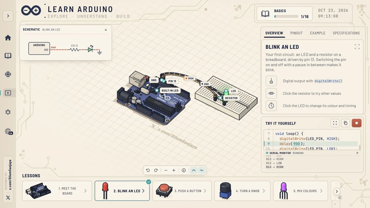 LED circuit shown as a schematic alongside a 3D Arduino Uno and running sketch