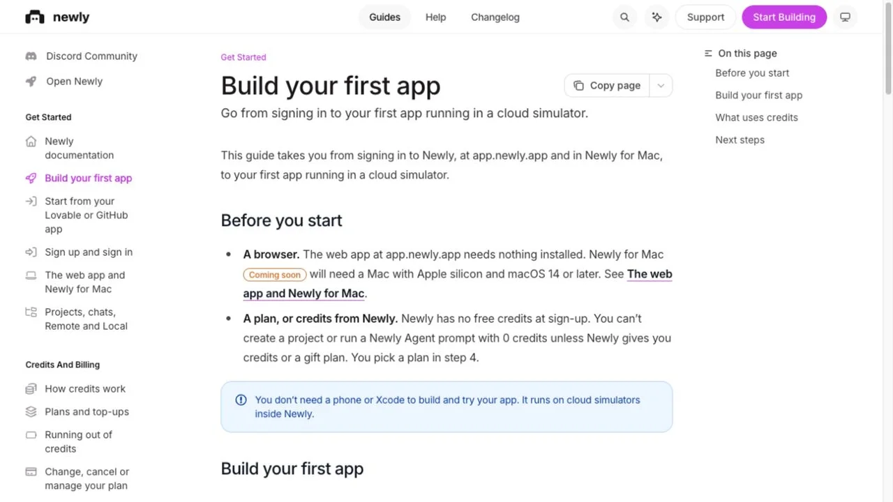 Official Newly first-app documentation with browser and credit prerequisites and cloud simulator instructions