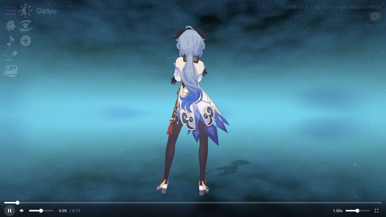 Ganyu character model during animation playback in the Phoshco viewer with a blue starfield and advancing timeline