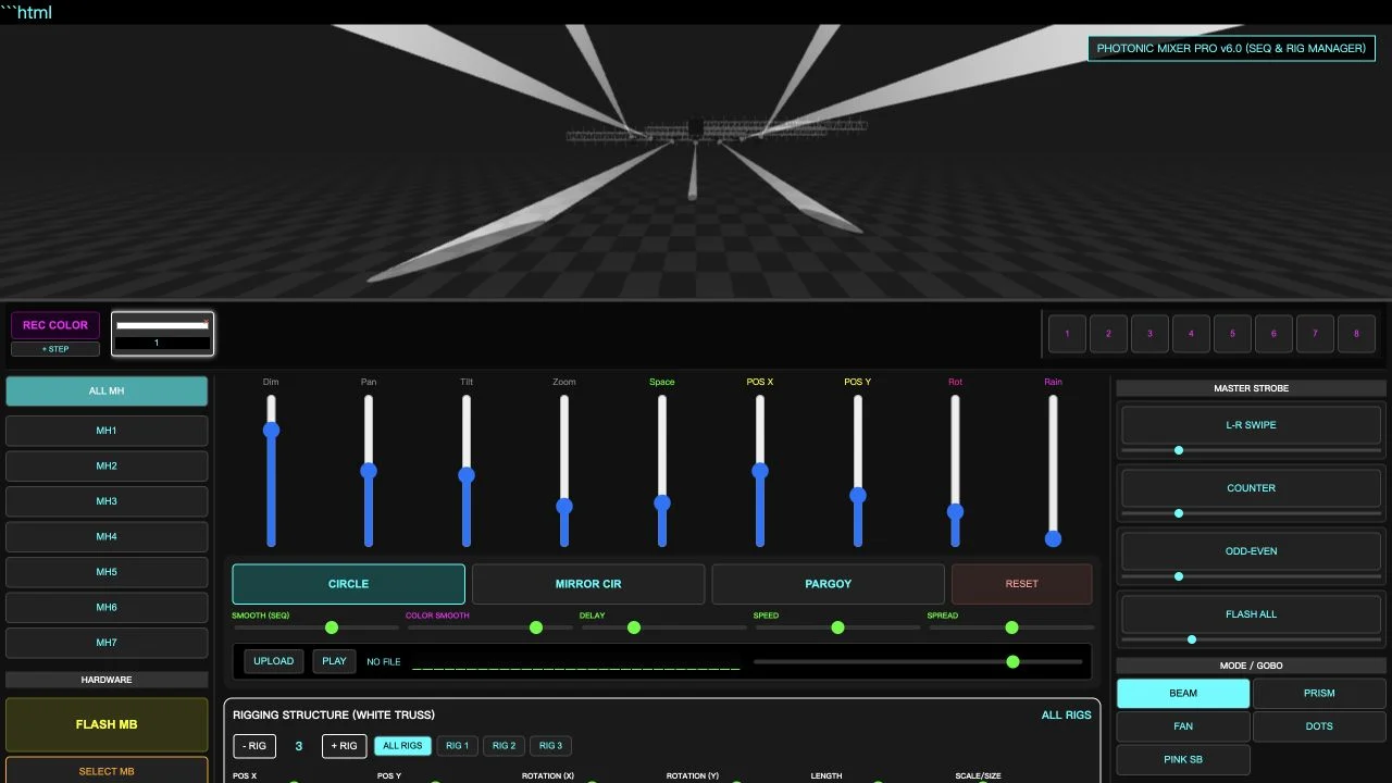 Photonic Mixer Pro after adding MH7 and RIG 3, with the rigging controls visible below the light mixer