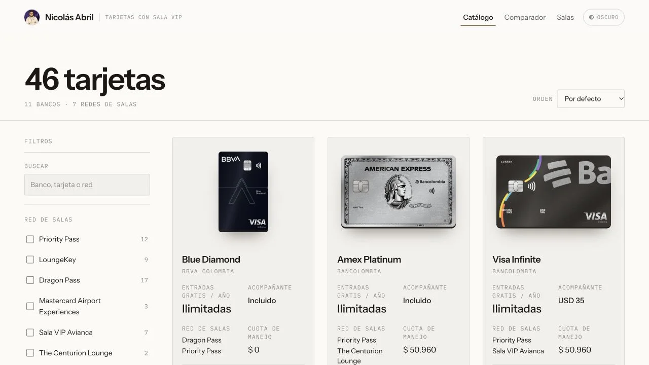 Spanish card catalog with lounge-network filters and Colombian issuer cards