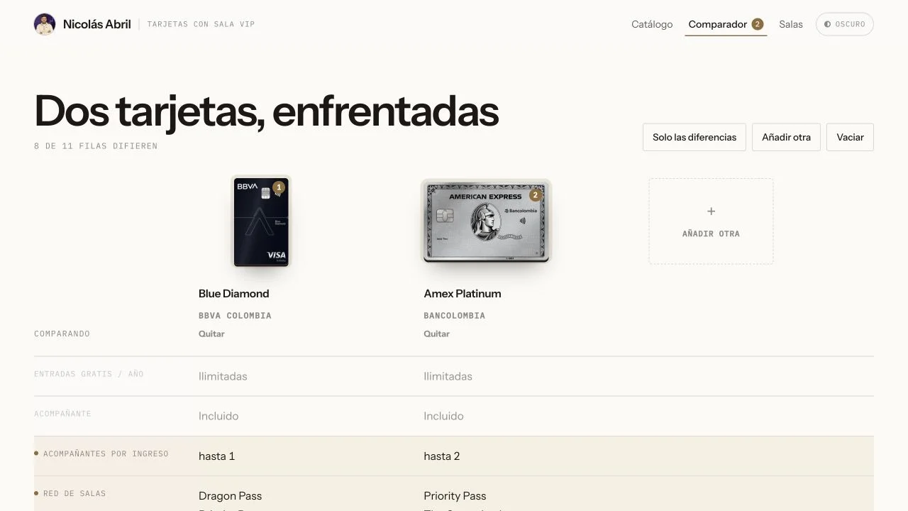 Two-card comparison of BBVA Blue Diamond and Bancolombia Amex Platinum, with differing rows highlighted