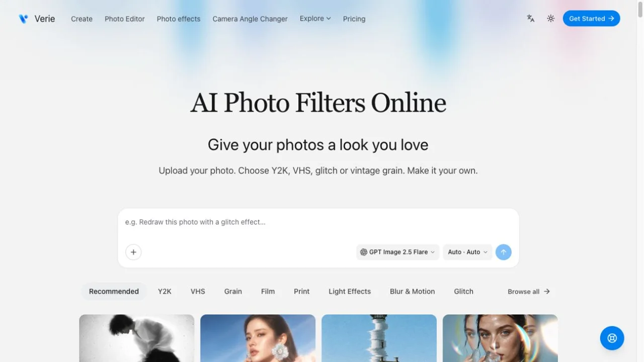 Verie official homepage with its photo-effects prompt, model selector and public style categories